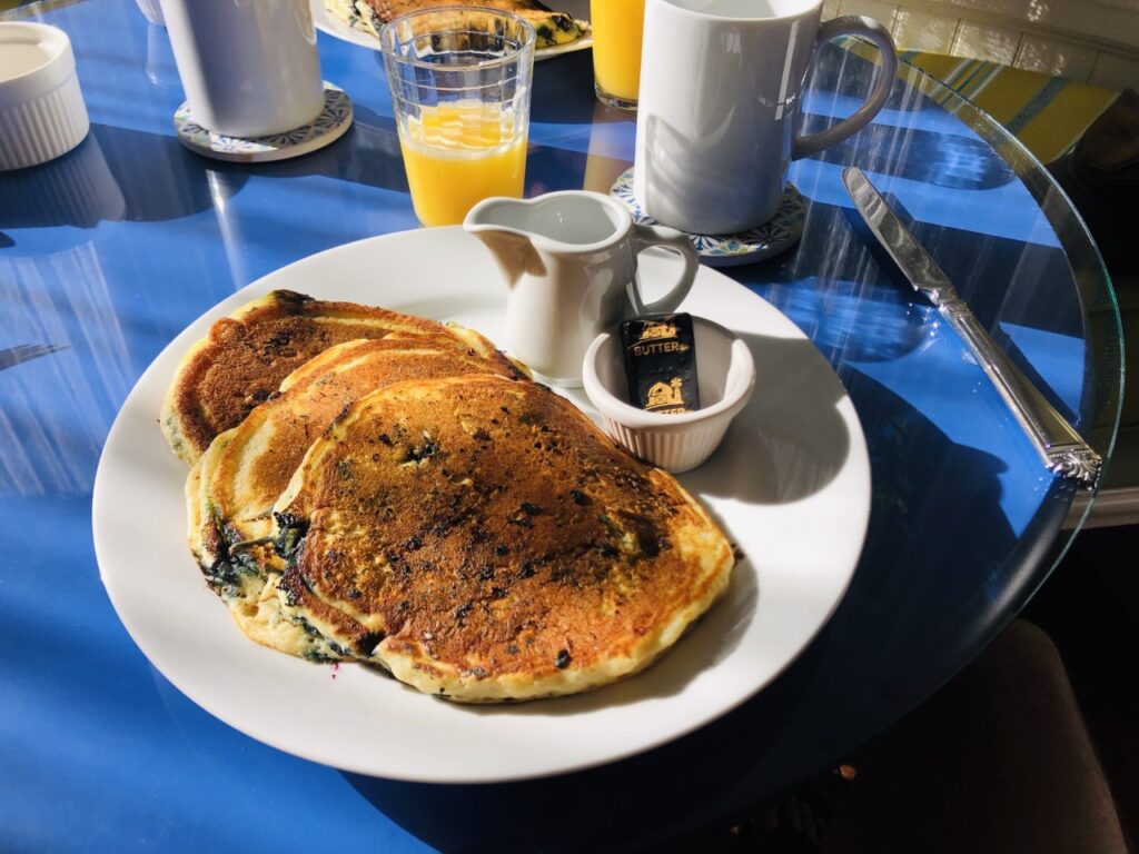 Our gorgeous, fluffy blueberry pancakes from the Yellow House B & B in Bar Harbor, Maine.
