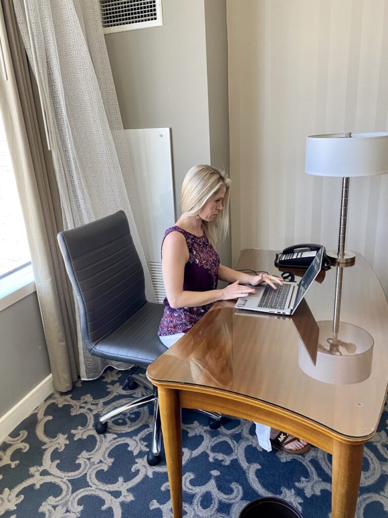 I'm getting some work done at the business space inside our hotel room at the Loews New Orleans. New Orleans Family Vacation. 