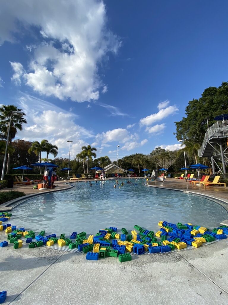 Lego building bricks at the pool at Legoland Florida Resort
