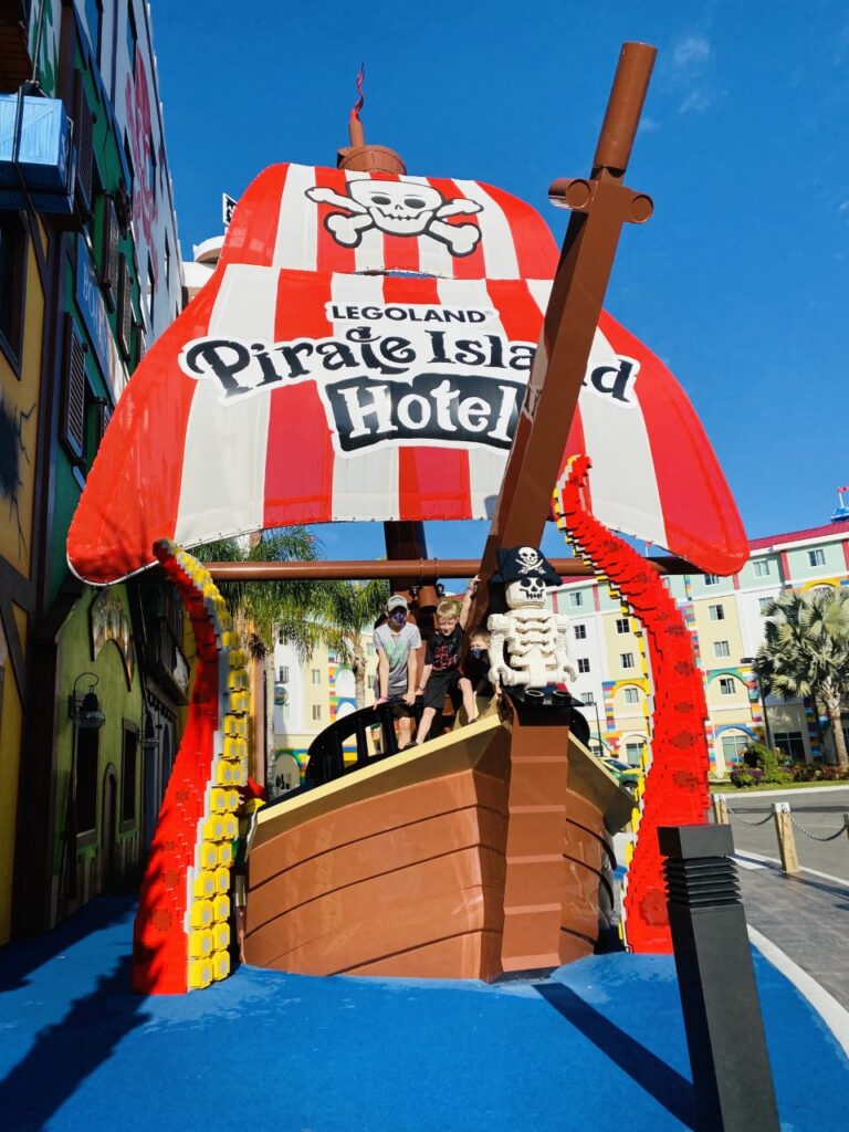 A giant, life-sized pirate ship outside the Legoland Pirate Island Hotel.