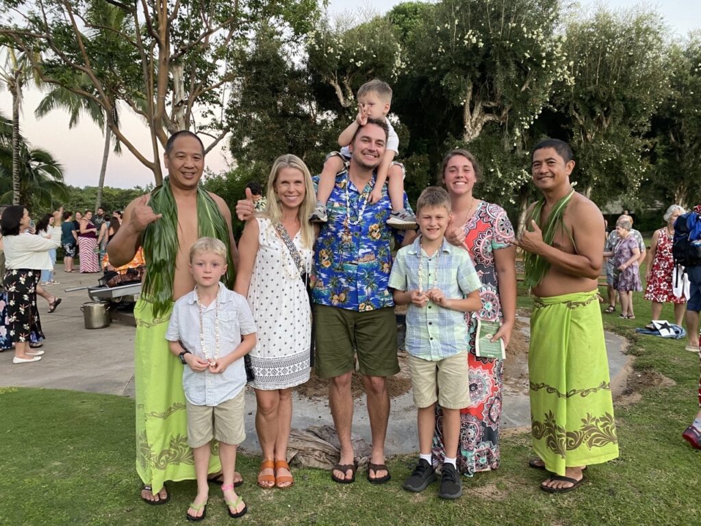 Family photo with the Smith Plantation Luau men