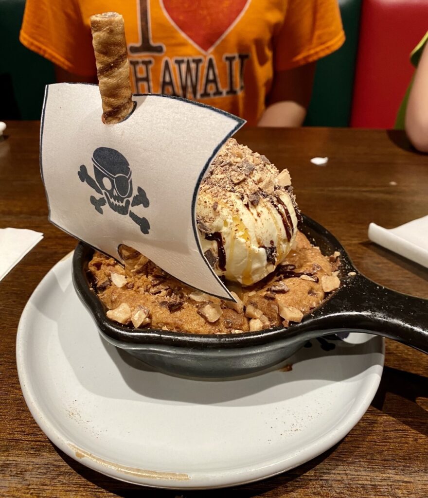 Each dinner is finished up with an oooey-goooey skillet chocolate chip cookie at Shipwrecks Restaurant